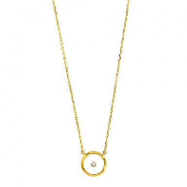 9ct gold necklace featuring circle with central diamond on a resin background